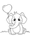 Cute little elephant holding balloon in heart form. Black and white illustration for coloring book